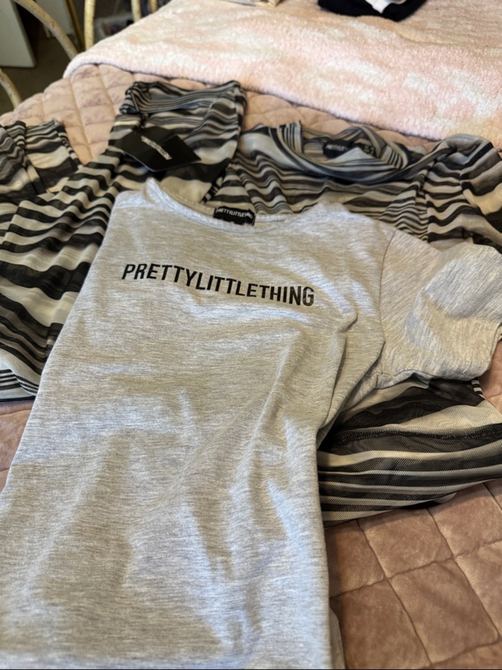 PrettyLittleThing Gray bodysuit w/ Black & White Striped Sheer Top and leggings